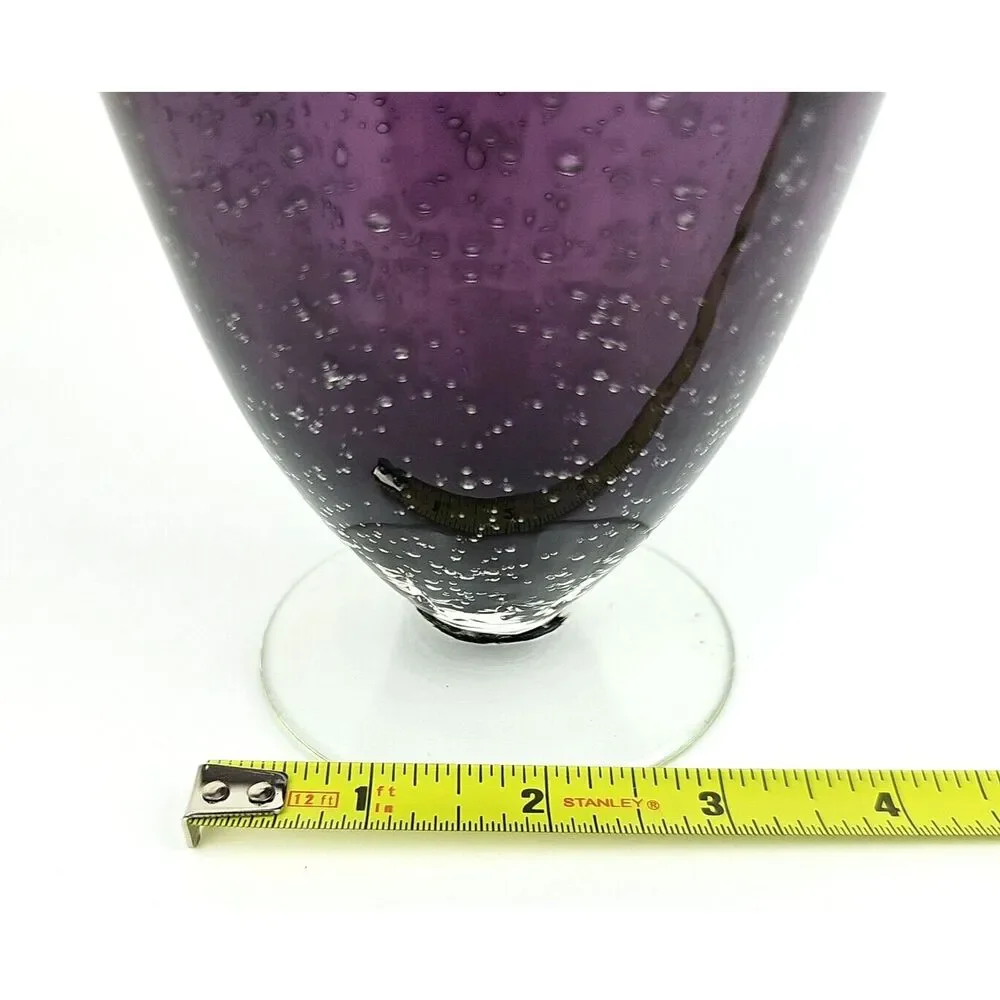 Hand Blown Amethyst Purple Vase Controlled Bubbles Clear Footed Base 8 in Tall
